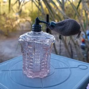 Rare antique Occupied Japan pale pink pressed glass perfume bottle with atomizer